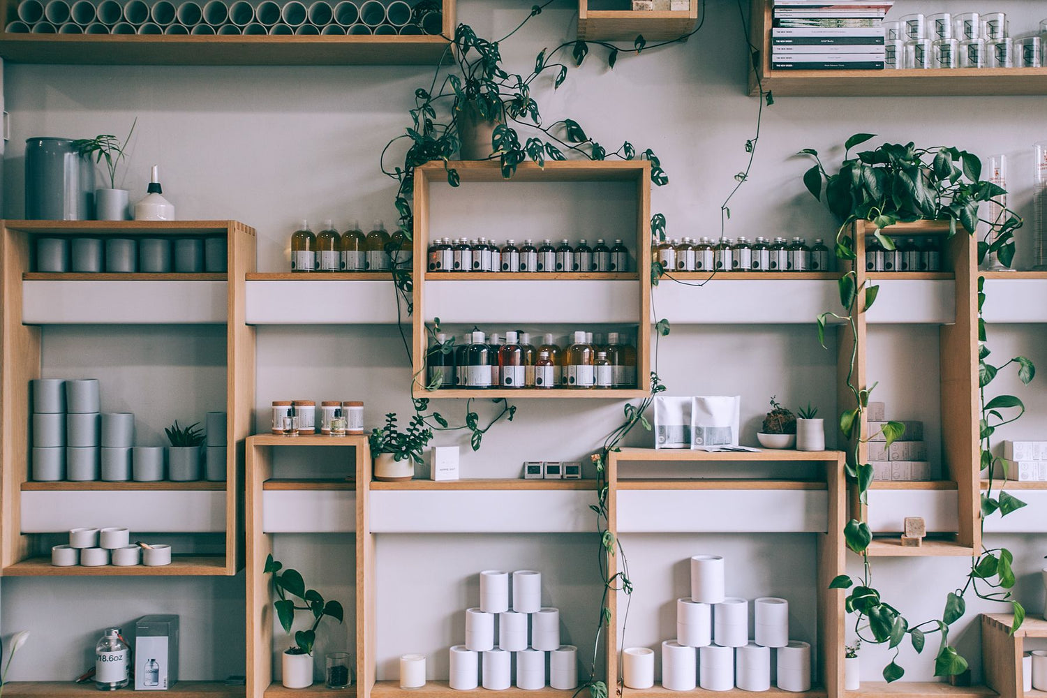 Warme Boutique-Wand mit Pflegeprodukten und Pflanzen